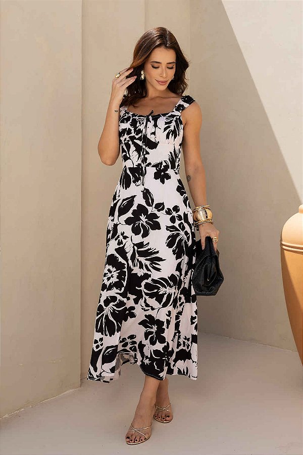 Vestido Lírio Midi com Alças e Decote Franzido