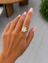 Anel Retangular Cristal Regulável Aro Grosso Folheado a Ouro18k 0991572