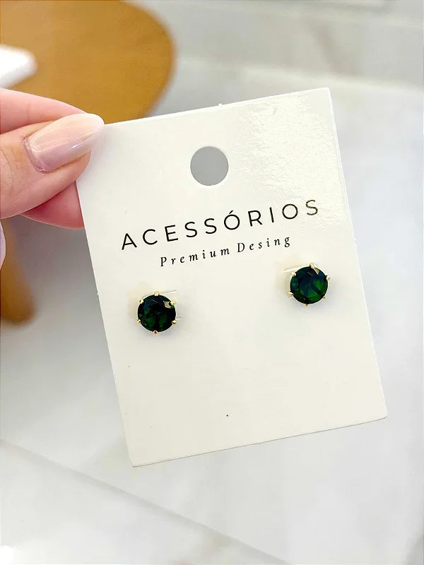 Brinco Ponto de Luz P edra Verde 10 mm Fol heado a Ouro18K 0971845