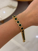 Pulseira Folheada a Ouro18K Cravejada Quadrada Verde Esmeralda 0911849
