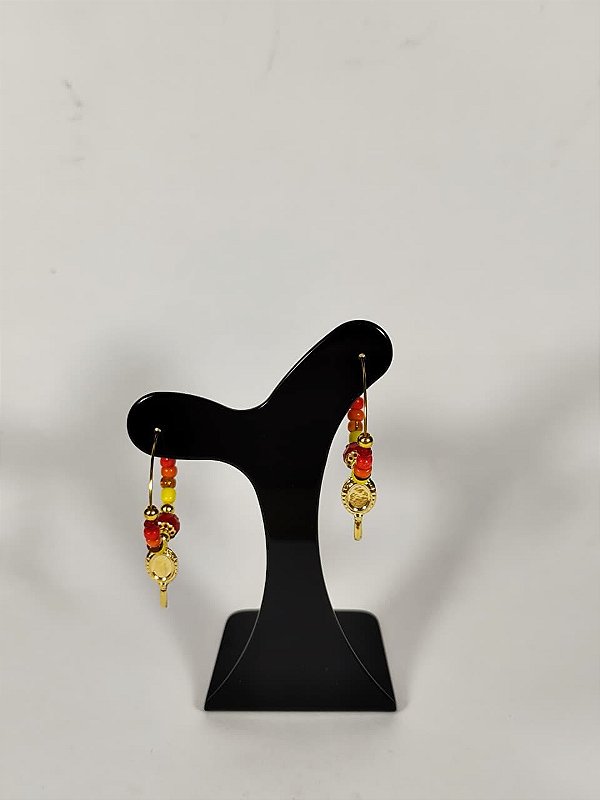 Brinco Argola Cristais de Fogo e Medalhão Dourado