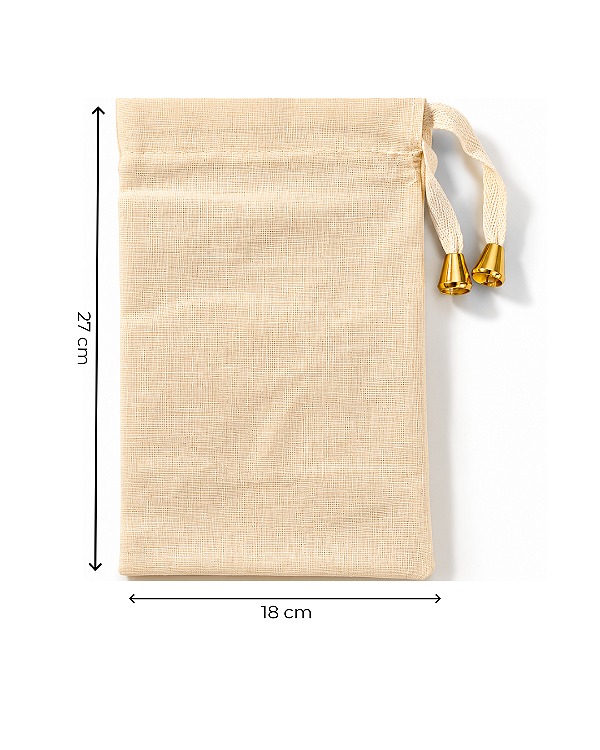 Saquinho de Algodão Cru c/ ponteira dourada 18x27 cm (LxA) pct 5 und