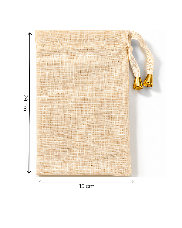 Saquinho de Algodão Cru c/ ponteira dourada 15x29 cm (LxA) pct 5 und