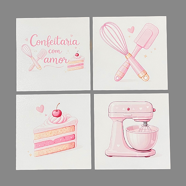 Kit 4 Quadros Decorativos Confeitaria: Fouet, Batedeira, Bolo, Confeitaria Com Amor