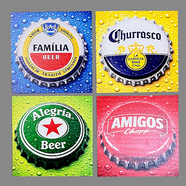 Kit 4 Quadros Decorativos Tampinhas de Cerveja, Churrasco, Alegria, Amigos e Família