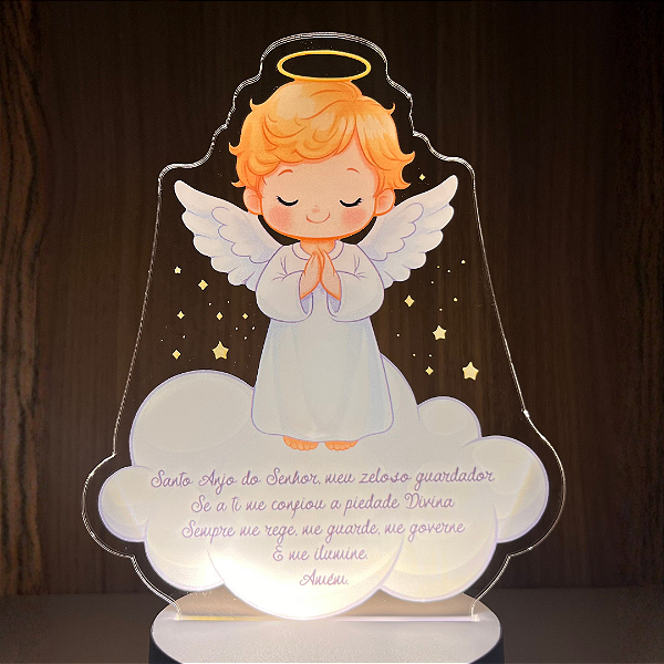 Luminária Anjo da Guarda LED Em Acrílico – Luz Decorativa Religiosa Infantil