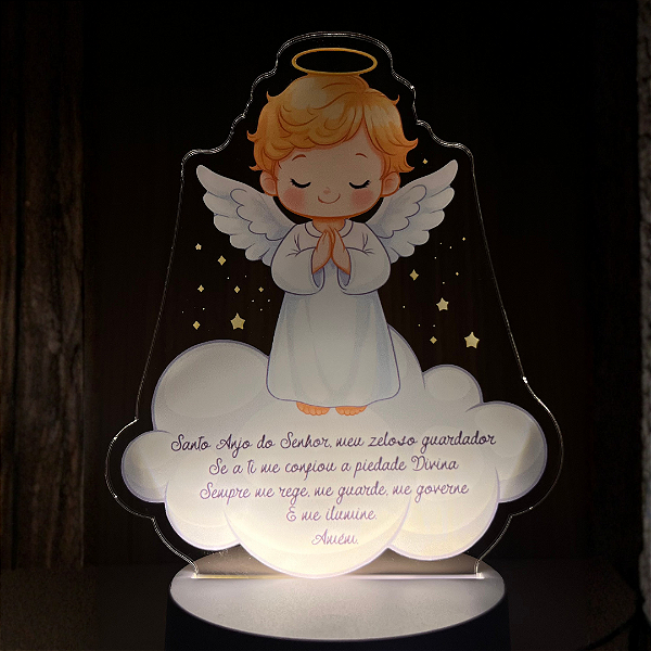 Luminária Anjo da Guarda LED Em Acrílico – Luz Decorativa Religiosa Infantil
