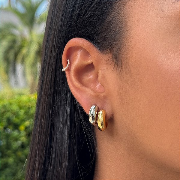 Brinco Dupla de Argola Tamanho Único Banhado a Ouro 18K E Ródio