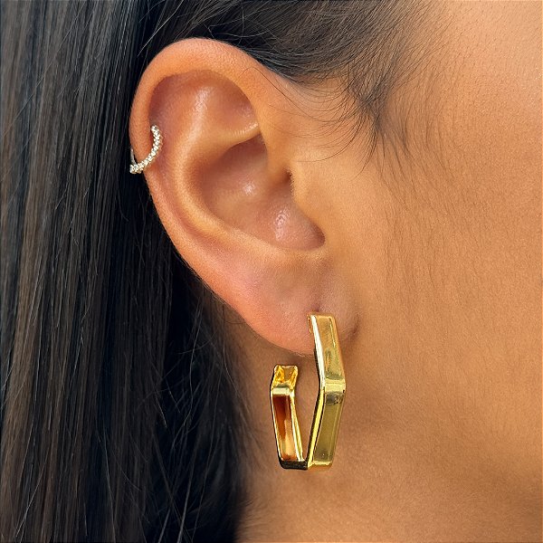 Brinco Argola Hexagonal Tamanho Único Banhado a Ouro 18K