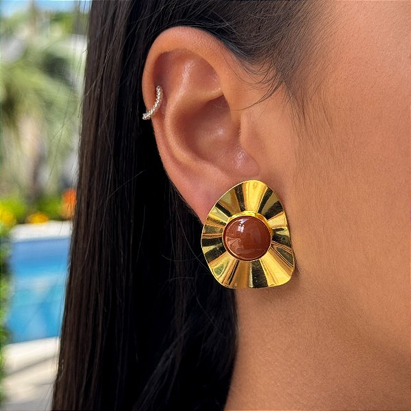 Brinco Orgânico Boho Chic Caramelo Tamanho Único Banhado a Ouro 18K