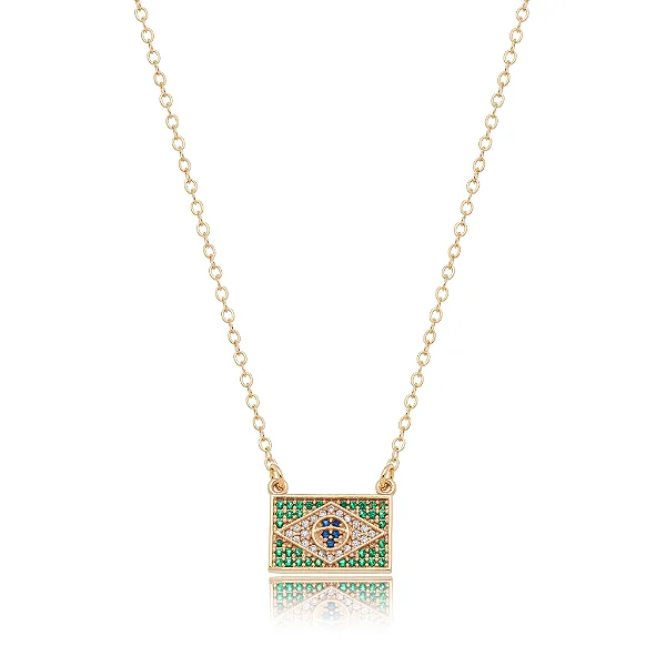 Colar Bandeira Brasil Zircônias - Banhado a Ouro 18k