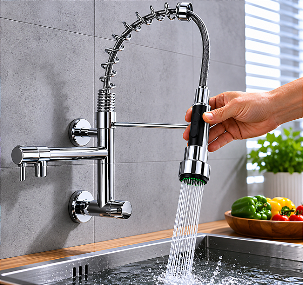 Torneira De Cozinha Parede Gourmet Baixa 45 Cm Com Ducha Spray