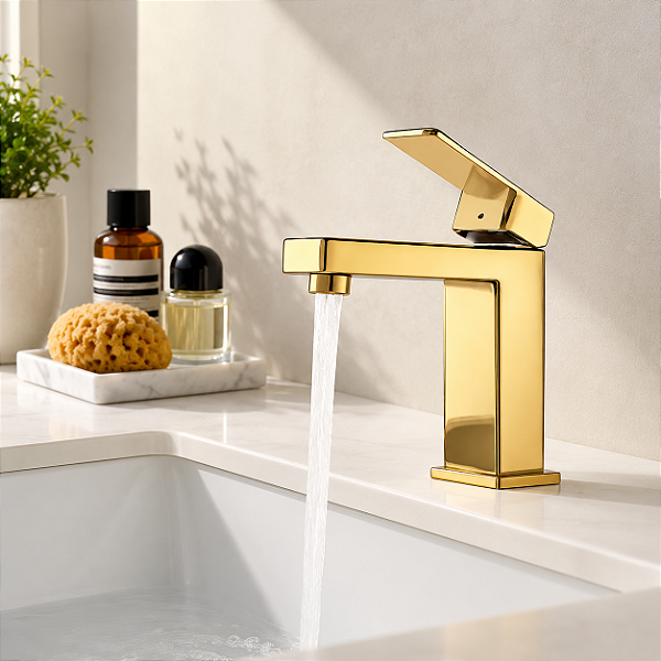 Torneira Monocomando Quadrada Misturador Mesa Banheiro Inox Dourado