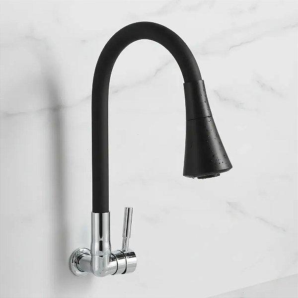 Torneira Cozinha Parede 1/4v Bica FlexÍvel 2 Jatos Preto Cromada