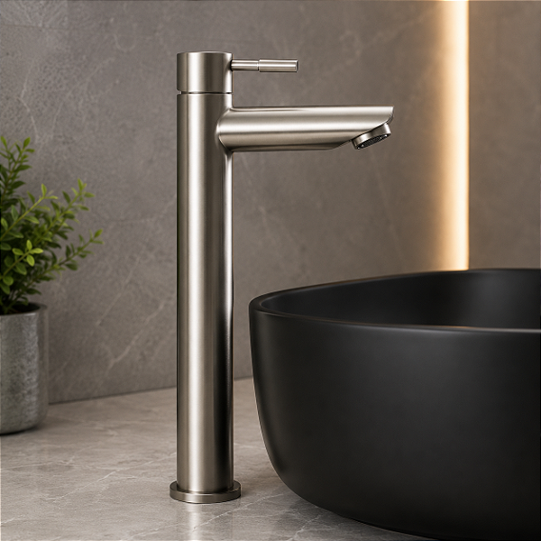 Torneira para banheiro alta metal inox escovado água fria 1/4 volta