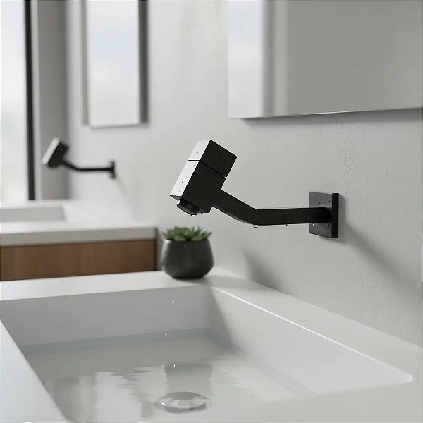 Torneira Banheiro Parede Quadrada Inox Preto Fosco