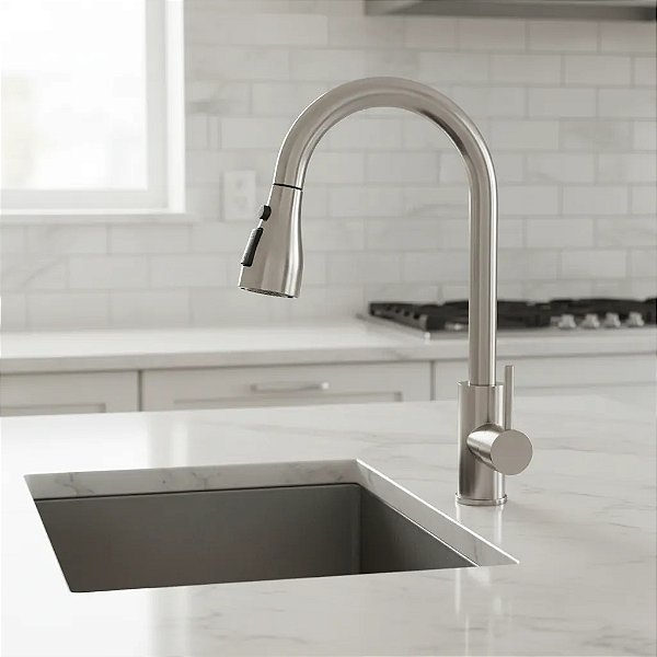 Torneira Para Cozinha Gourmet Com Misturador Monocomando Ducha Extensível Com 2 Jatos Inox Escovado