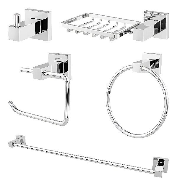Kit Acessórios para Banheiro Quadrado Luxo 5 Peças em Aço Inox Cromado