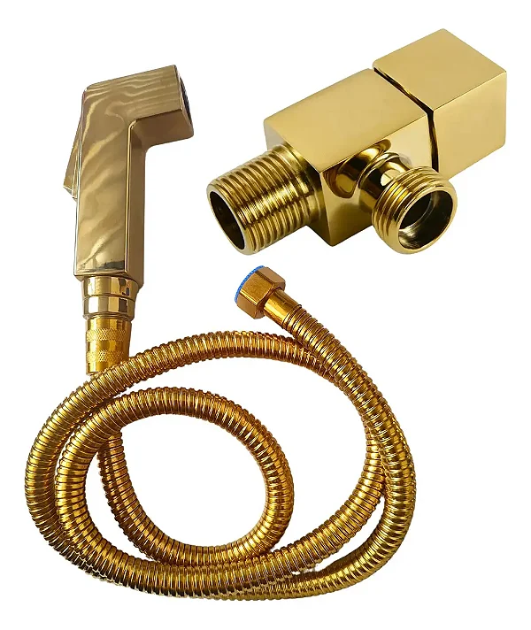 Ducha Higiênica Quadrada Completa Inox Dourada Dourada 1/4 Volta
