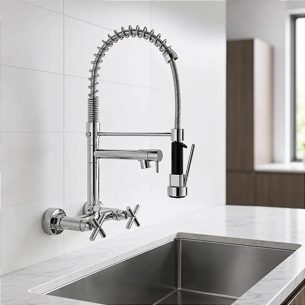 Torneira Cozinha Parede Misturador Duplo Flexível Mola Expiral Bica Extensível Cromado