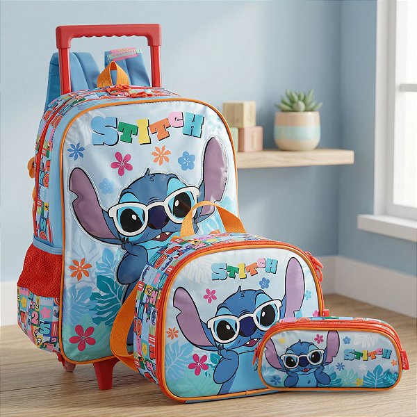 Kit Escolar Stitch Azul - 3 peças - Mochila de Rodinha, Estojo Duplo e Lancheira Térmica
