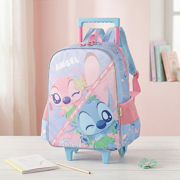 Mochial Escolar de Rodinha Stitch & Angel - 2 Compartimentos e Alças para Costas - Disney - Original