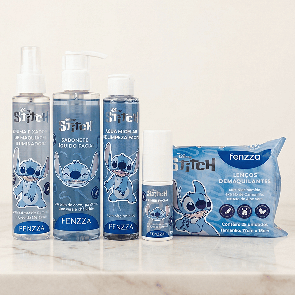 Kit Skicare Stitch com 5 Itens - Sabonete, Agua Micelar, Primer, Bruma, Lenço Demaquilante - Fenzza