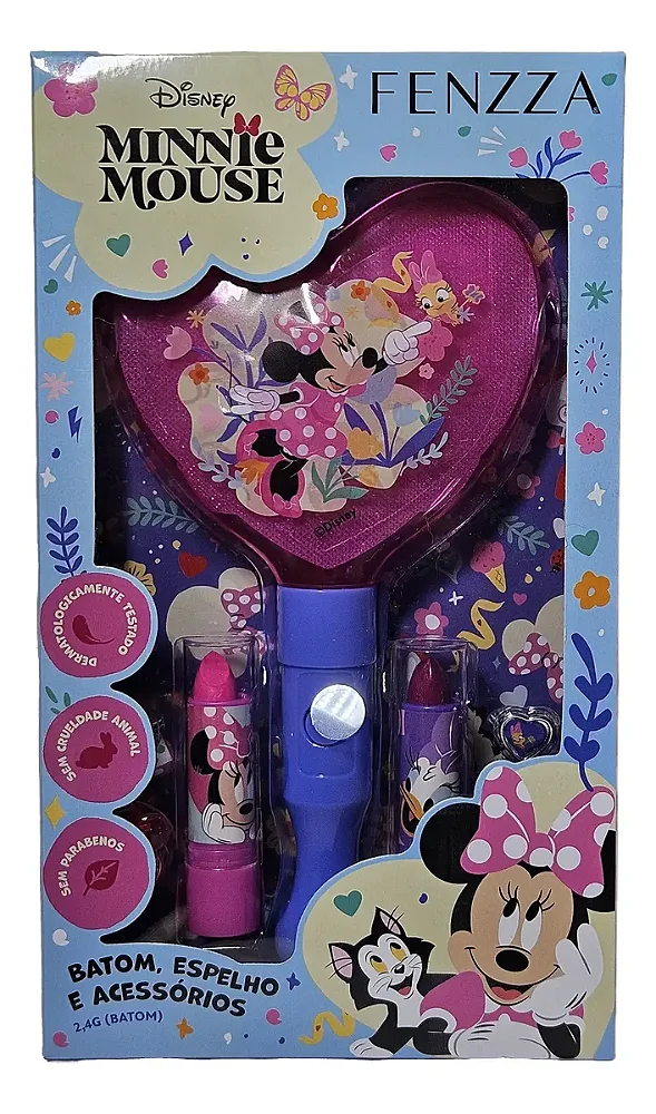 Kit Maquiagem Minnie - Espelho com led, 2 Batons, 2 anéis, 2 acessórios de cabelo
