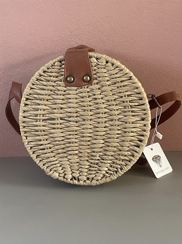 Bolsa Redonda Palha com Alça Caramelo
