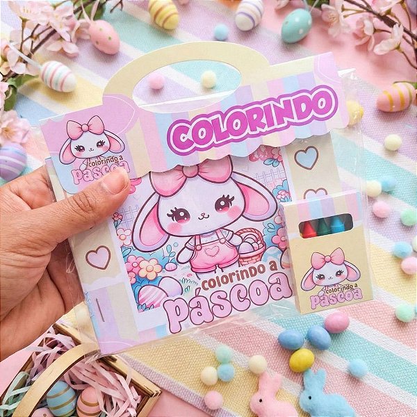 Kit Mine Livrinho de Colorir Páscoa com Mine Giz de Cera Lembrancinha Infantil 15 Páginas Ilustrações Coelhinho Tamanho 15x10,5 cm Ideal para Festas e Eventos Religiosos