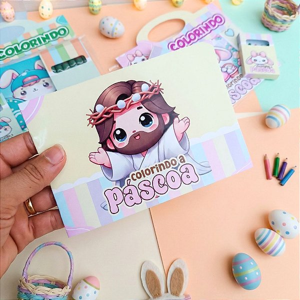 Kit Mine Livrinho de Colorir Páscoa Cristã com Giz de cera Lembrancinha Infantil