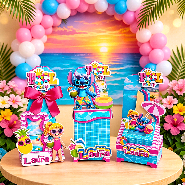 Kit Festa Pool Party do Stitch|Linha Safira | Lembrancinhas Personalizadas