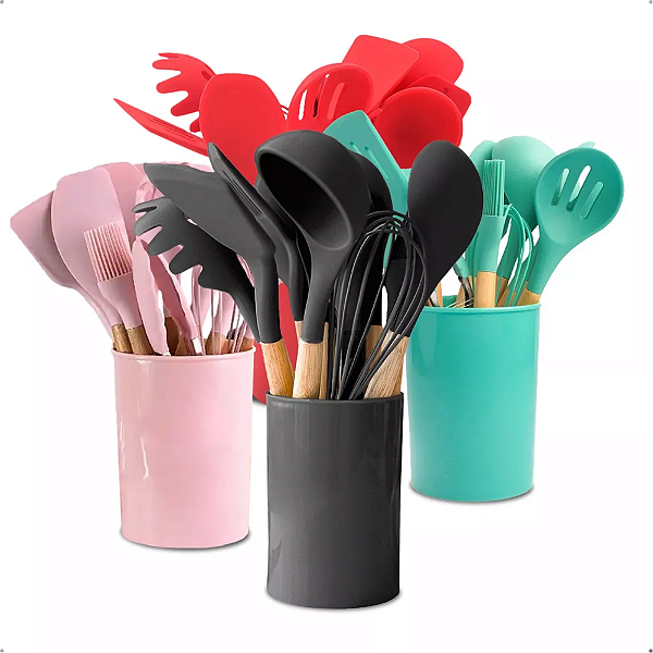 Kit com 12 Utensílios de Cozinha em Silicone com Cabo de Madeira