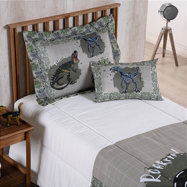 Kit Edredom Estampado Boy 4 Peças Solteiro 100% Poliéster 300 Fios Estampa Dino