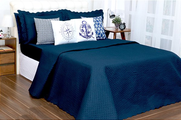 Kit Cobreleito e Lençol Queen Com Almofadas Azul 08 peças