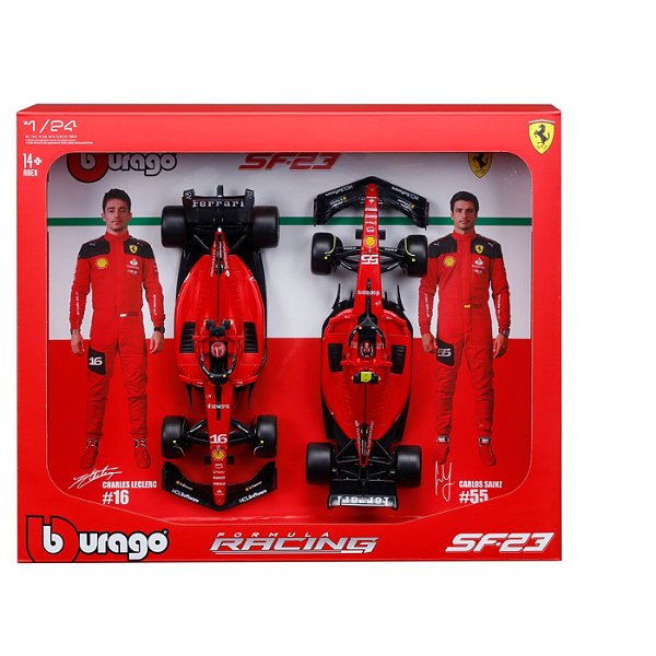Dois carros F1 Ferrari SF-23 1/24 caixa expositora C/Driver