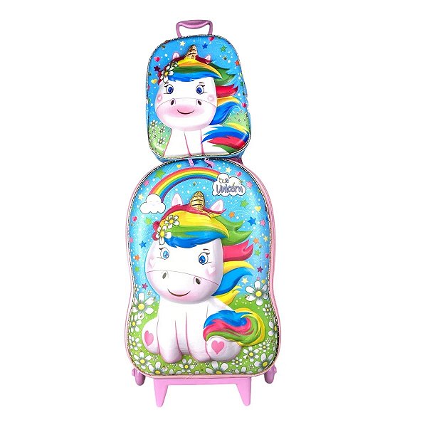 Kit Mochila Escolar Unicórnio 3d Rosa Arco Iris Com Mochila P de Costas