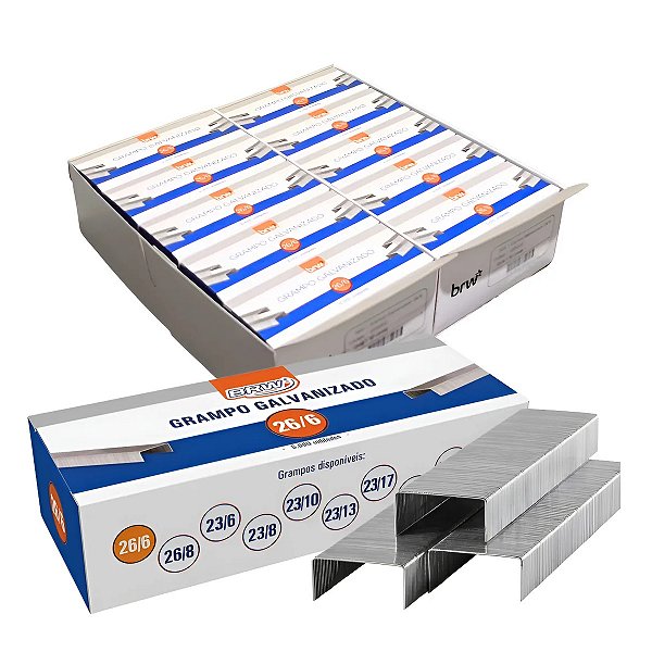 Kit com 20 Caixas de Grampo Para Grampeador 26/6 Galvanizado Prateado