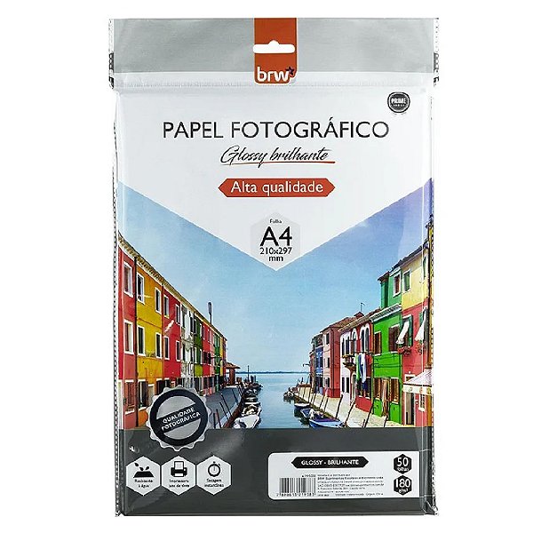 Papel Fotografico inkjet A4 Glossy Brilhante 180g - Brw 50 Unidades