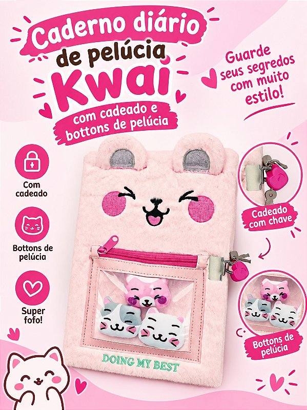 Caderno Diario de Pelúcia Kawaii com botons de pelucia