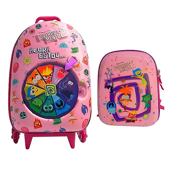 Mochila Escolar de Rodinhas Divertidamente Roleta Rosa 3D Maxtoy + Lancheira