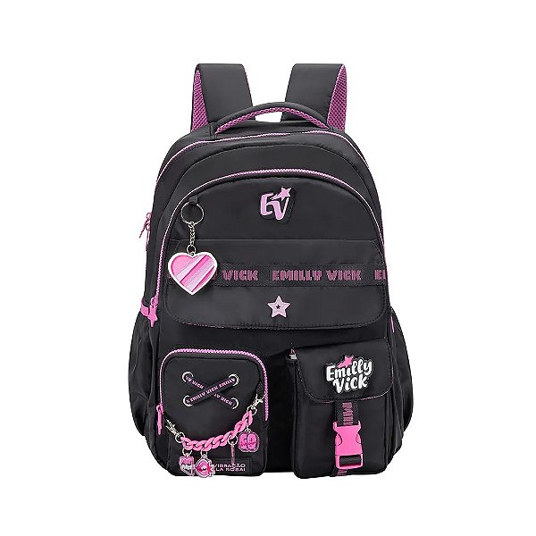 Mochila Escolar Juvenil Nylon Preta com Chaveiro Emilly Vick