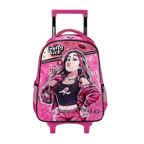 Mala Mochila com Rodinhas Escolar Infantil Grande Rosa Emilly Vick R