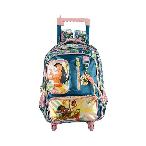 Mochila com Rodinhas Escolar Infantil Grande Azul Moana Disney