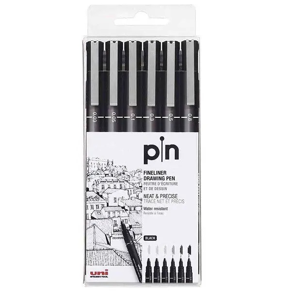Estojo Caneta Nanquim Uni Pin 200 Uni-ball Com 6 Unidades