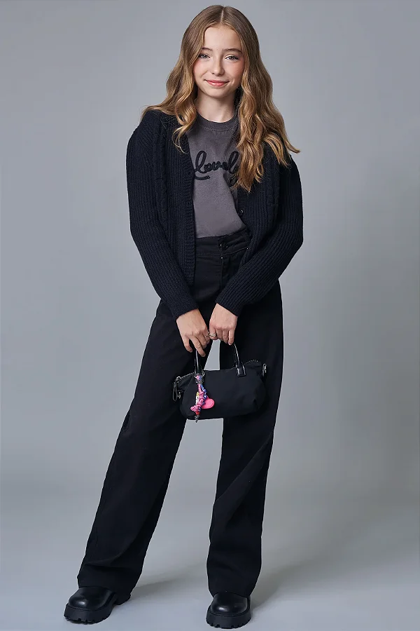 CALCA WIDE LEG EM SARJA COM ELASTANO PRETO