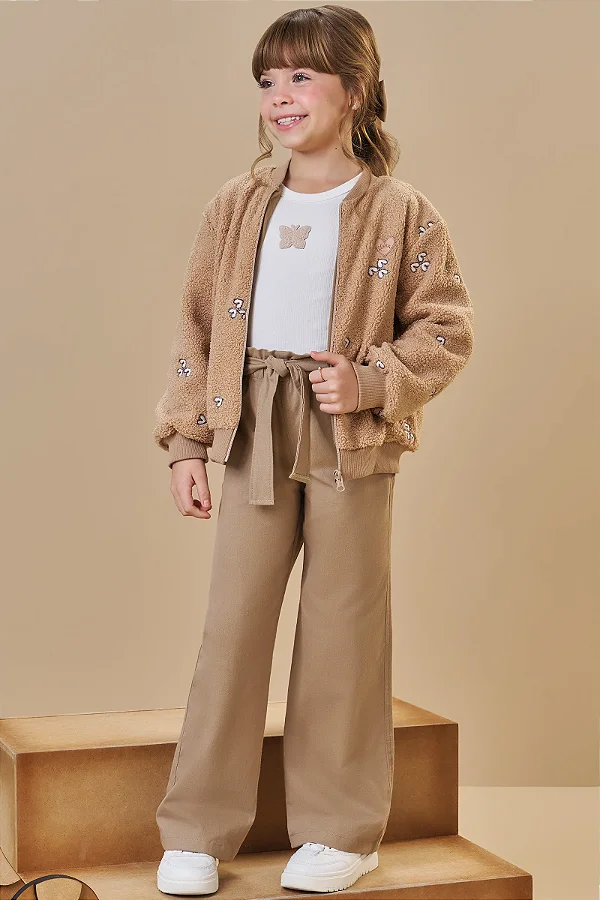 CALCA WIDE LEG EM SARJA COM ELASTANO BEGE