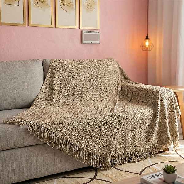 Manta Decorativa Estilo Tricô Grande com franja 100% Algoão