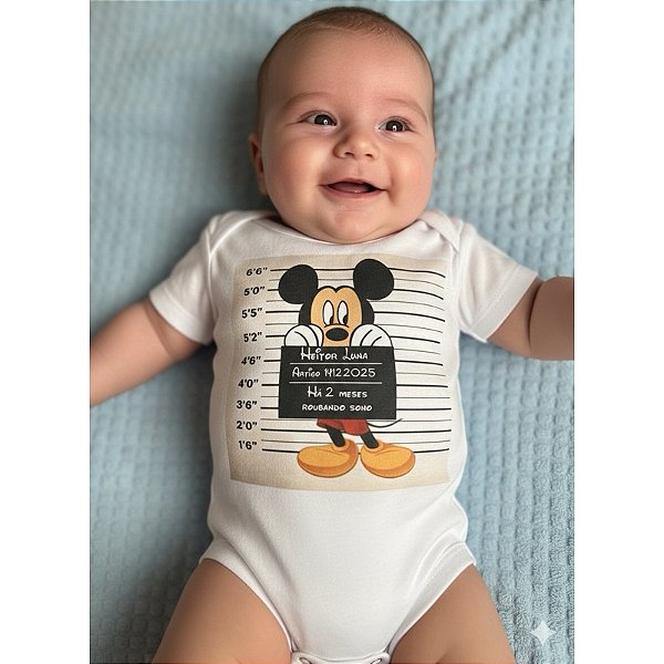 Body Bebê Mesversário Ladrão de Sono Mickey Personalizado – Roupa Divertida Infantil Confortável