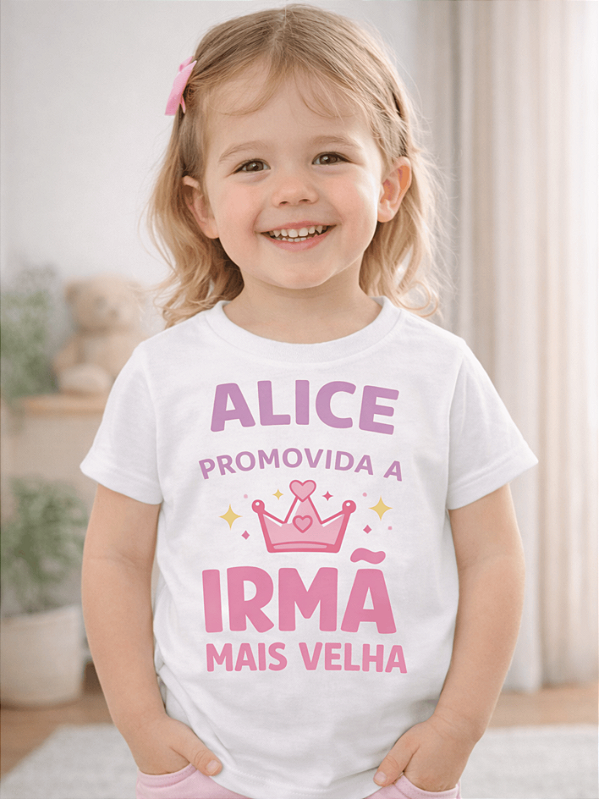 Camisa Infantil Personalizada com Nome Promovida a Irmã Mais Velha 2 a 12 Anos – Anúncio Gravidez